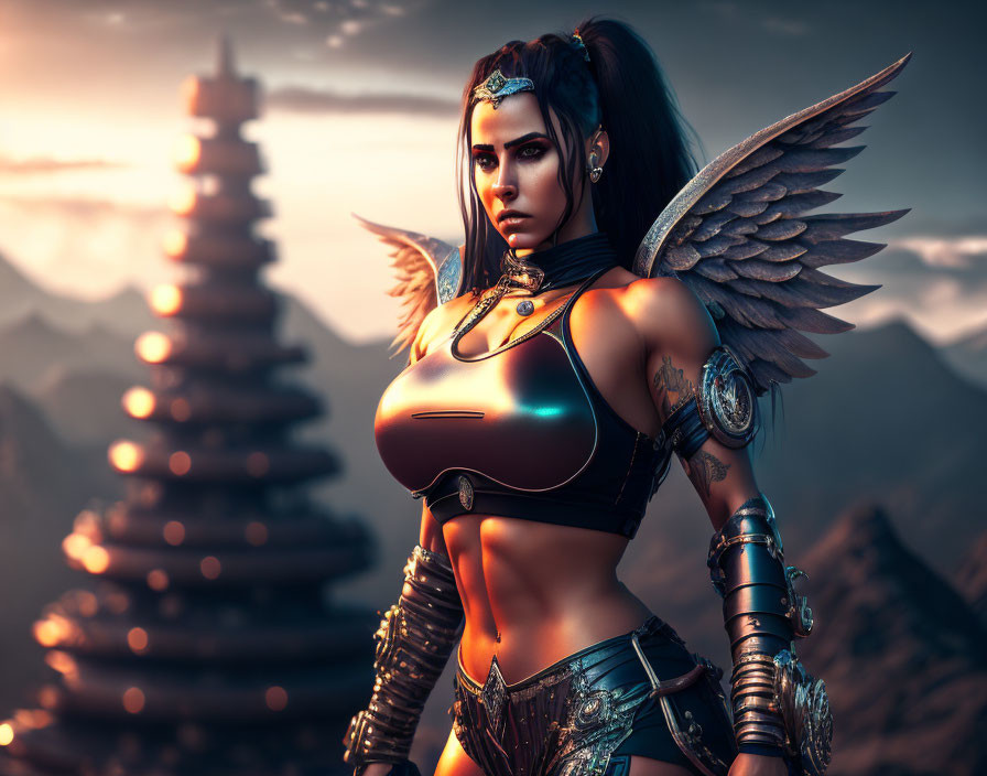 Female warrior with wings in futuristic armor against mountain and pagoda backdrop at sunset