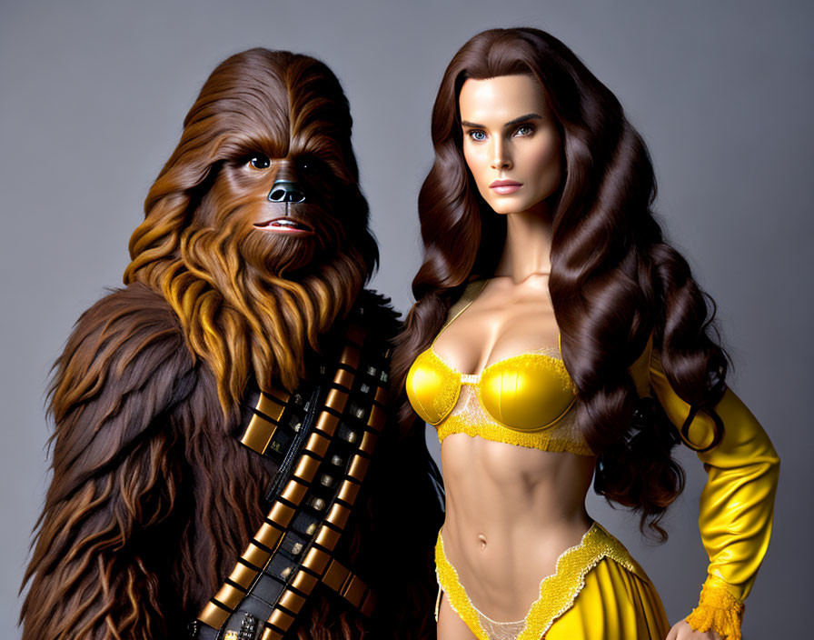 Wookiee character with woman in yellow costume and long brown hair on grey backdrop