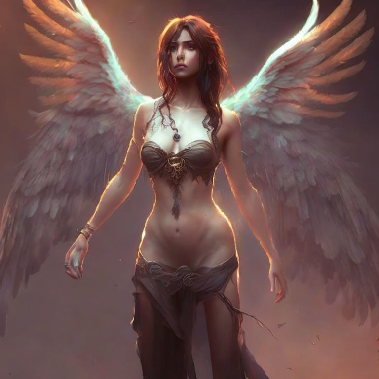 Digital painting of female figure with angelic wings and mystical backdrop