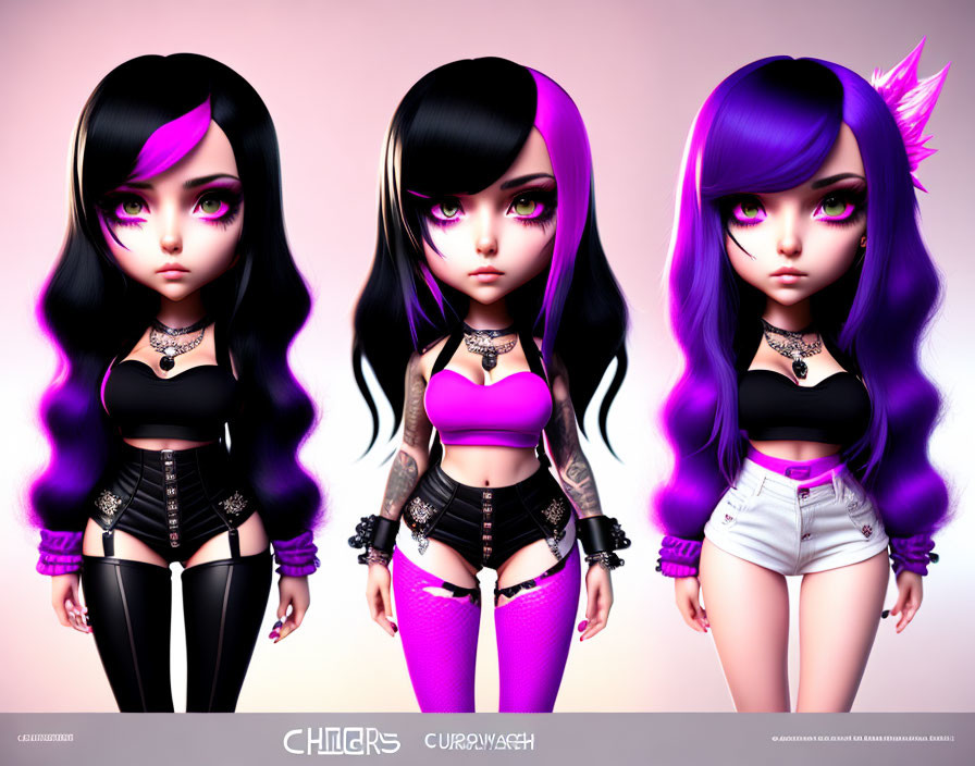 Stylized female dolls with unique hairstyles and gothic outfits