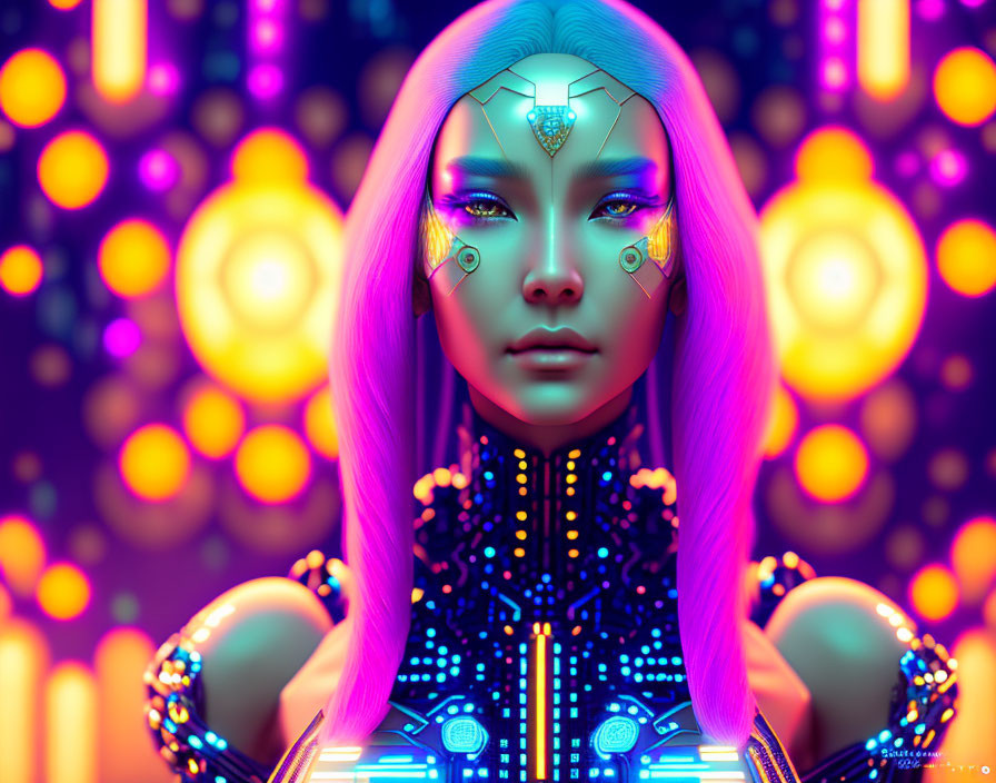 Digital artwork of woman with cybernetic features and purple hair in futuristic setting