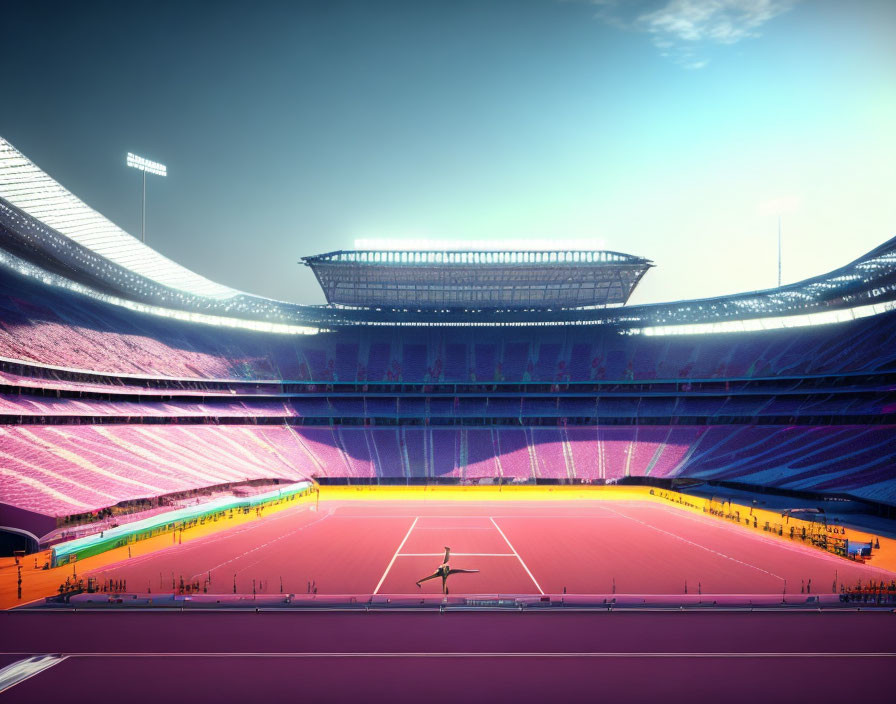 Empty stadium with purple seating and orange track at sunset