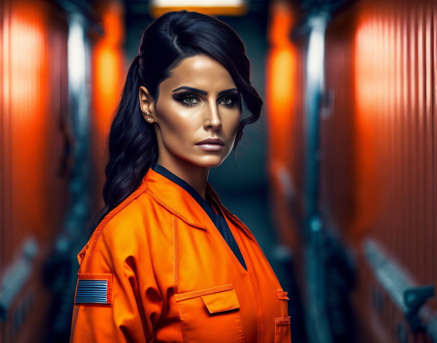 Dark-haired woman in orange jumpsuit with US flag patch in hallway with orange lighting