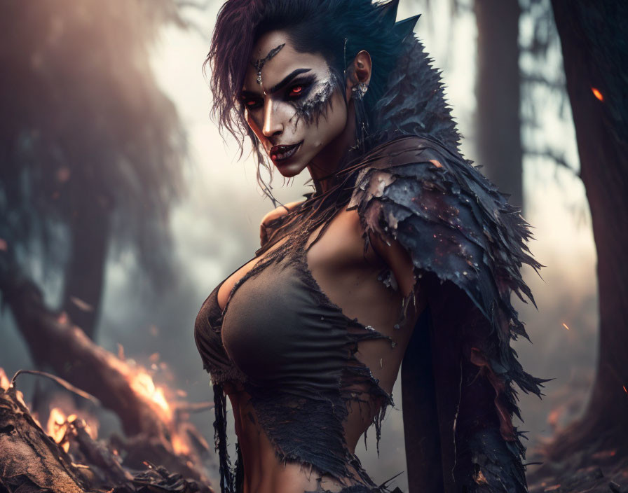 Dark makeup and spiky armor in misty forest with embers