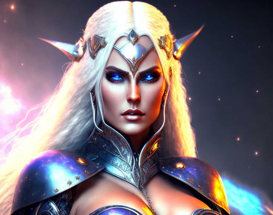 Fantasy female warrior with silver armor and cosmic background