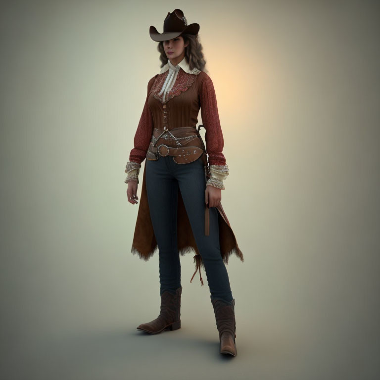 Western attire with brown hat, long-sleeved shirt, vest, gloves, belt, jeans,