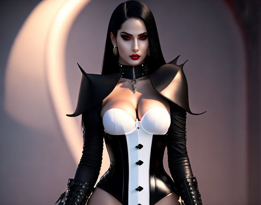 Stylized digital artwork: Woman with dark hair and red lipstick in black and white corset against