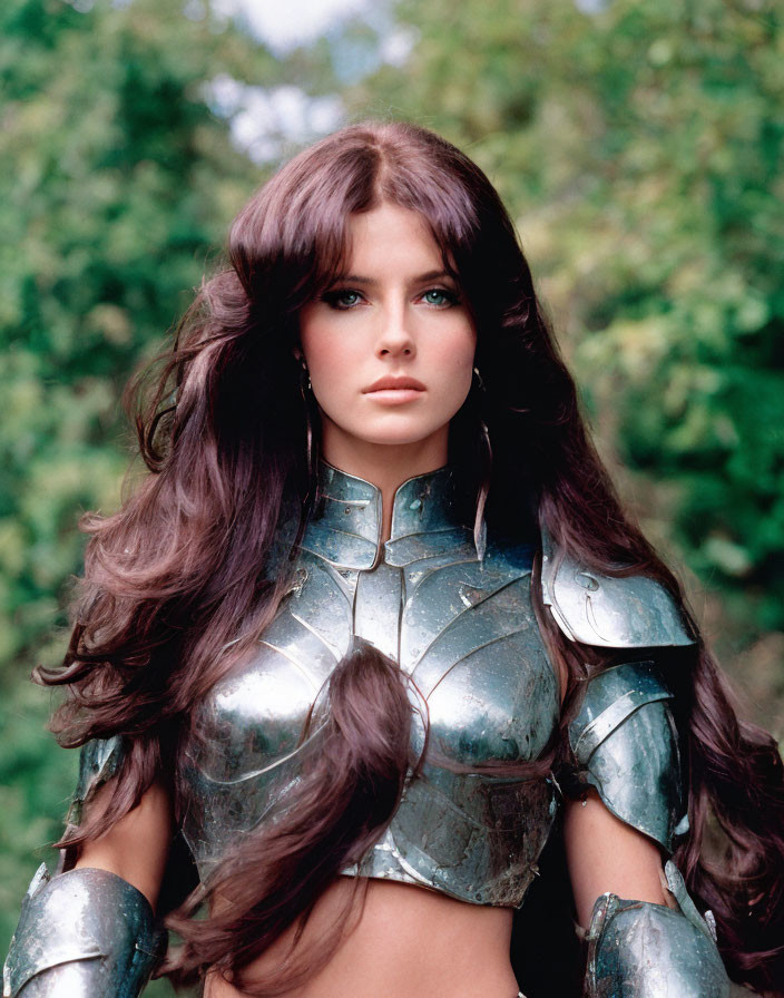 Brown-haired woman in metallic armor amid green foliage