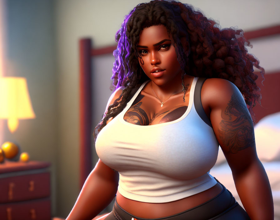 Confident woman with curly hair, tattoos, and sporty attire in softly lit room