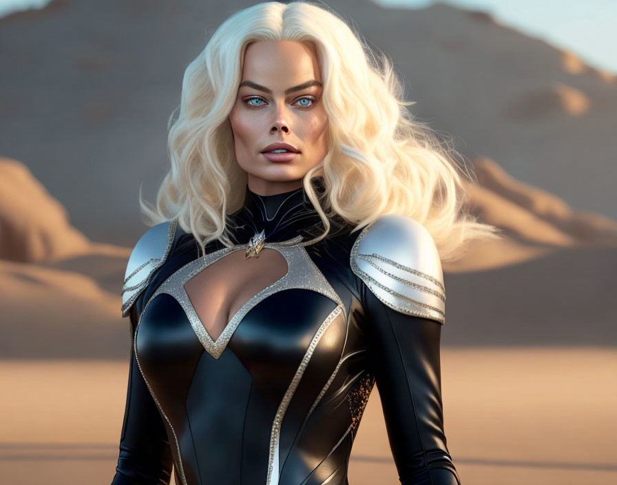 Digital artwork: Woman with platinum blonde hair and blue eyes in futuristic bodysuit against desert.