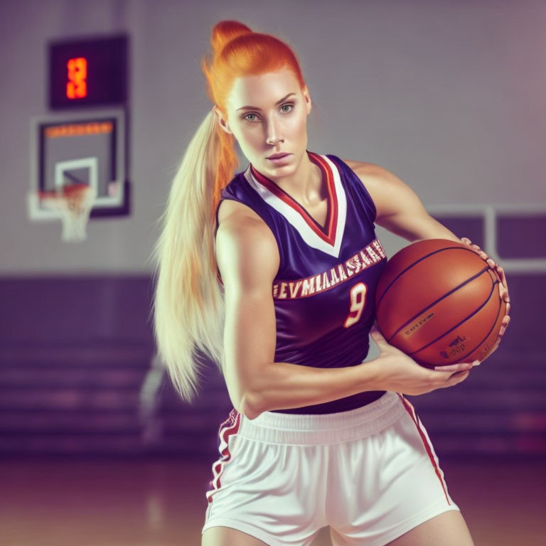 Female basketball player in maroon jersey with ball near hoop