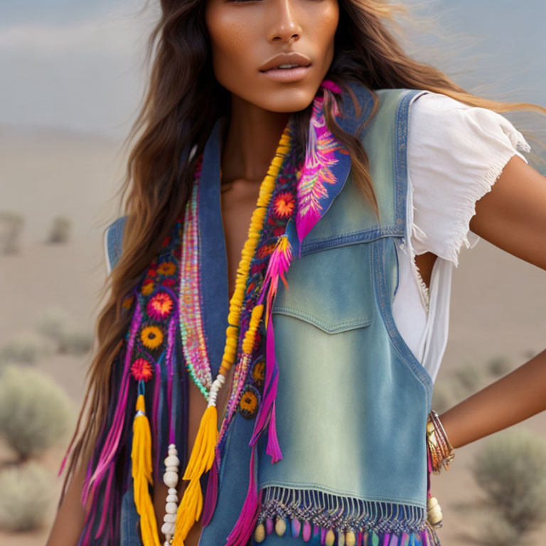 Colorful Embroidered Scarf & Denim Vest Worn in Desert Setting