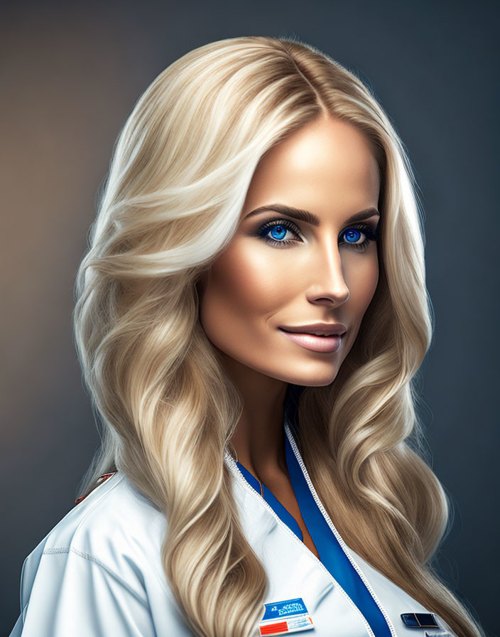 Portrait of Woman with Long Blonde Hair and Blue Eyes in White Jacket