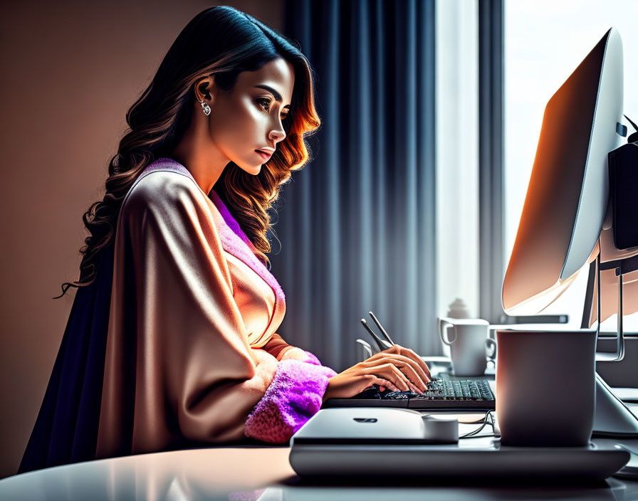 Dark-haired woman in stylish outfit working on computer in warmly lit room