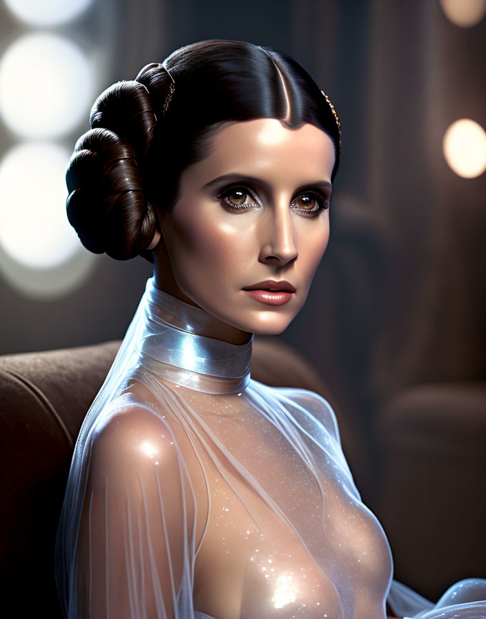 Digital portrait of woman with double buns, in translucent garment, with ethereal glow on bokeh