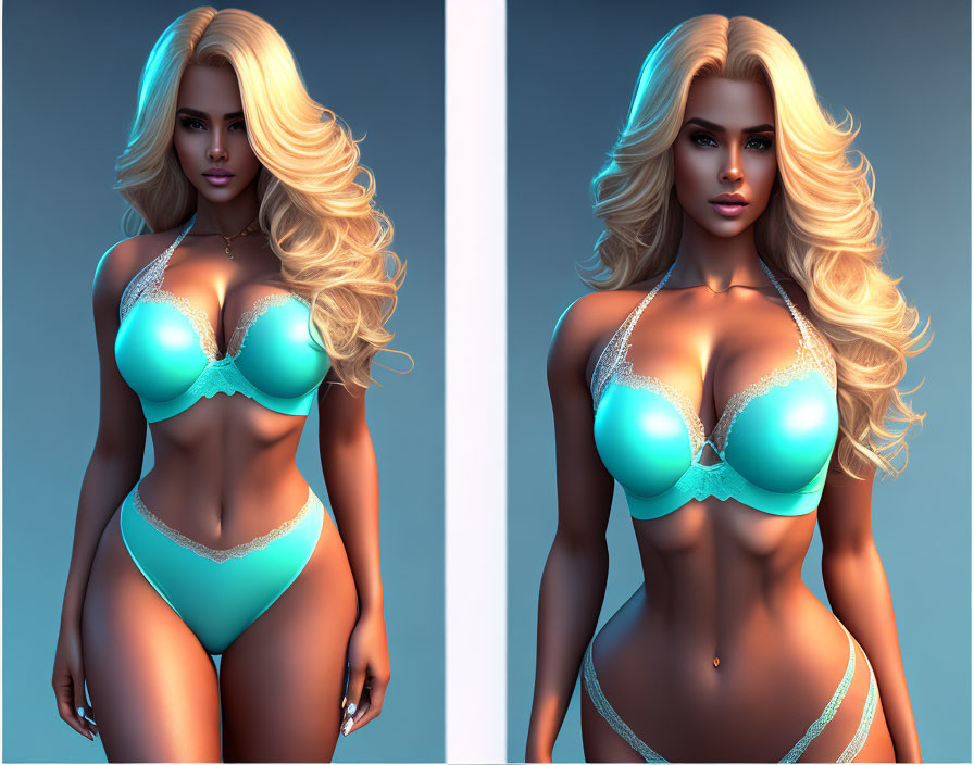 Blond Woman in Blue Lingerie: Digital Artwork with Two Poses