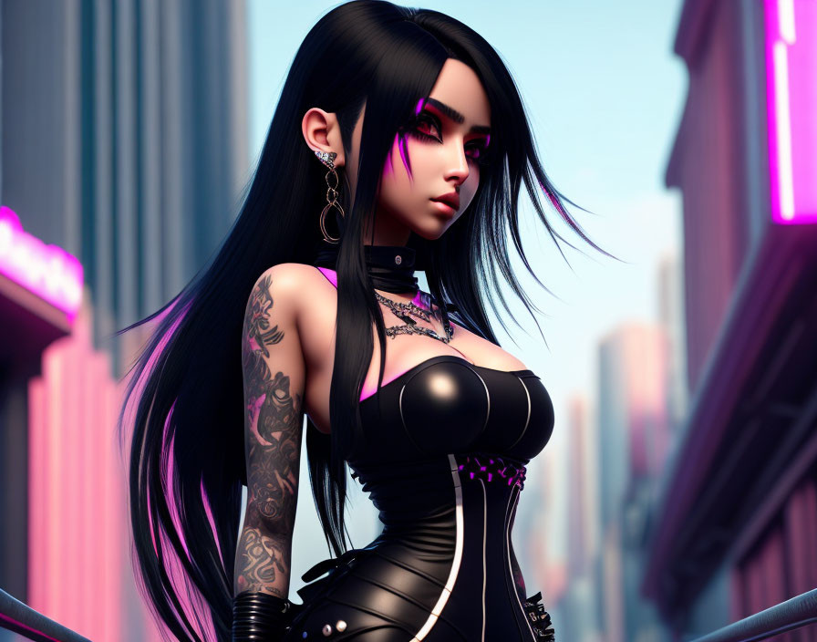 3D rendered image of woman with long black hair and tattoos in futuristic cityscape