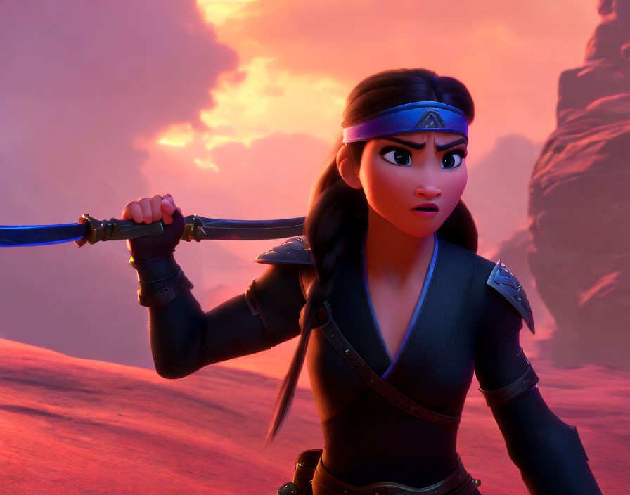 Female warrior holding sword against dramatic sunset.