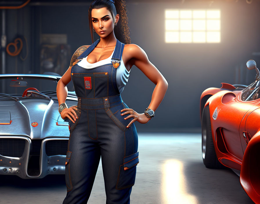 Confident Woman in Mechanic's Jumpsuit with Classic Red Sports Car