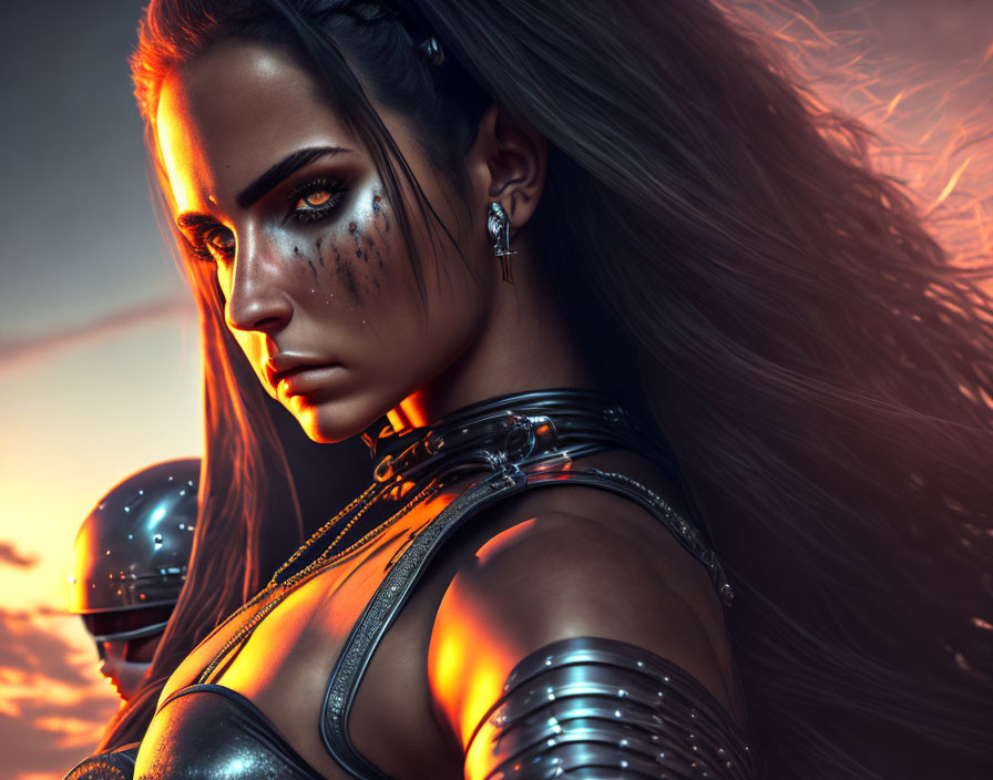 Digital artwork of female warrior in metallic armor with war paint under dusk sky