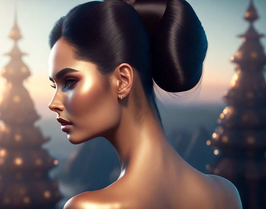 Digital portrait of a woman with sleek bun hairstyle and glowing skin against blurred lights.