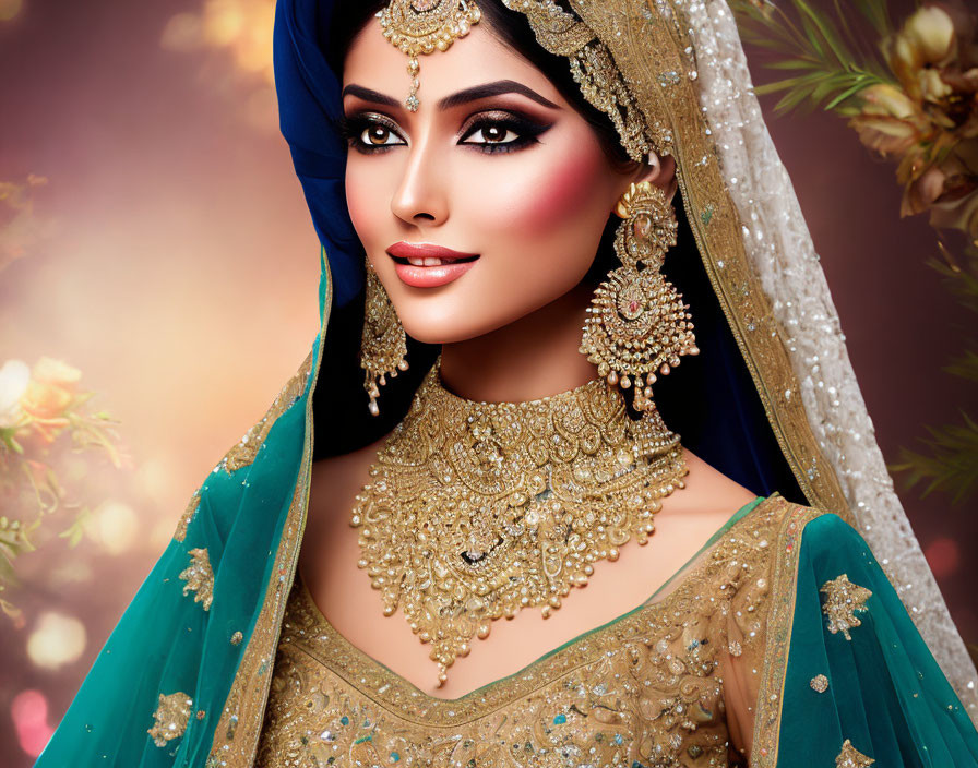 South Asian Bridal Attire with Gold Jewelry and Blue Dupatta