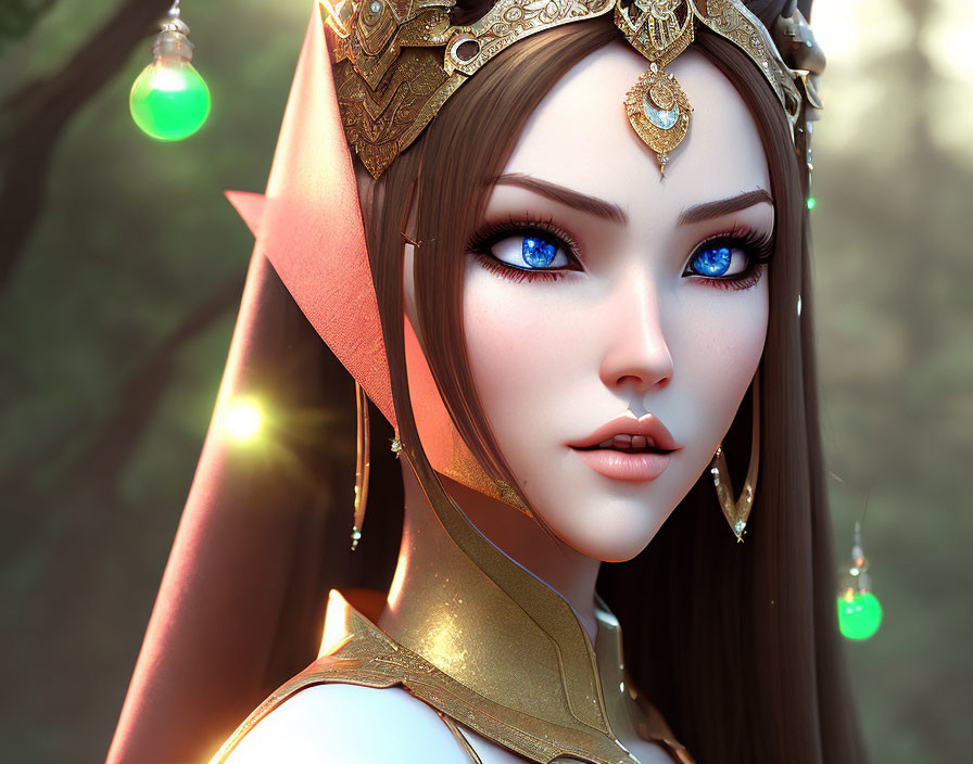 Fantasy elf woman digital artwork with blue eyes and golden crown