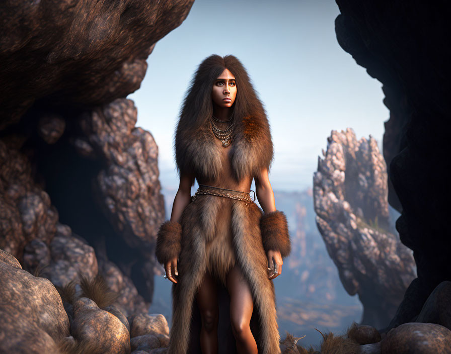 Woman in fur coat and necklace standing in rocky terrain