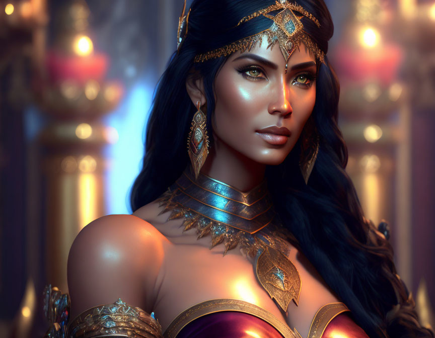 Golden-armored woman with dark hair in regal setting.