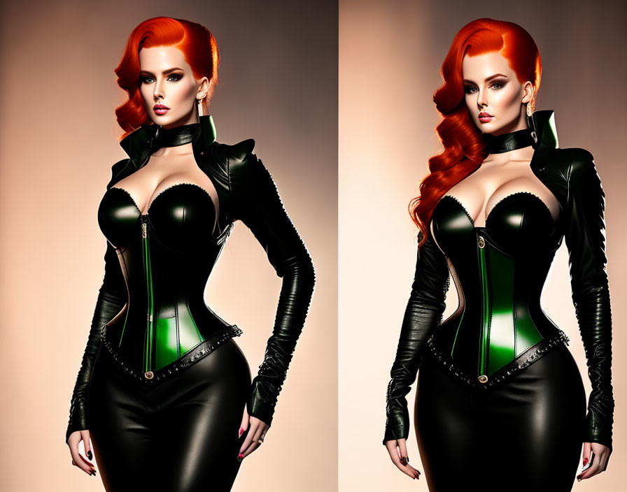 Vibrant Red-Haired Woman in Black and Green Corset