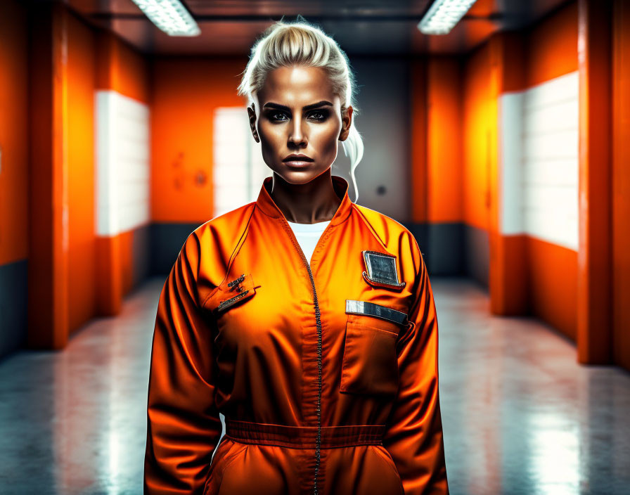 Platinum blonde individual in orange jumpsuit in corridor with orange walls