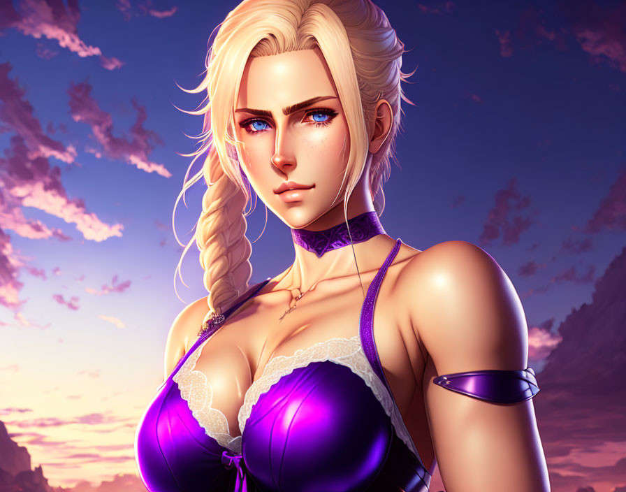 Blonde Woman in Purple Top with Sunset Sky Portrait