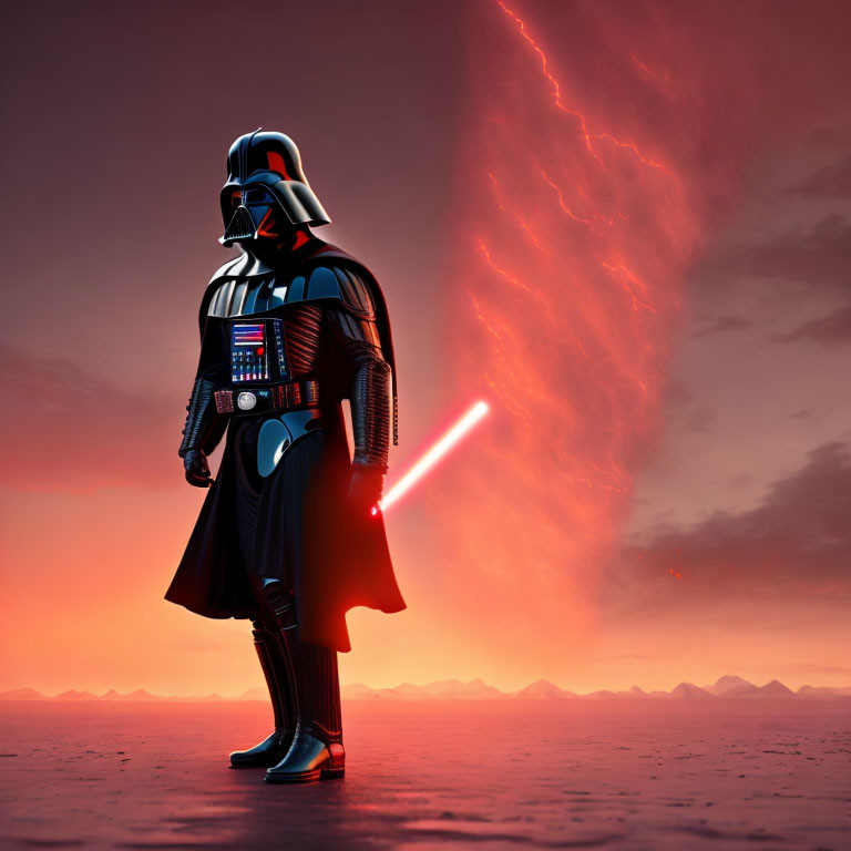 Character in black suit wields red lightsaber in stormy sky