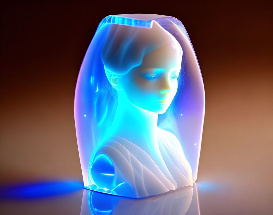 Glass sculpture of woman's head with blue to orange gradient light