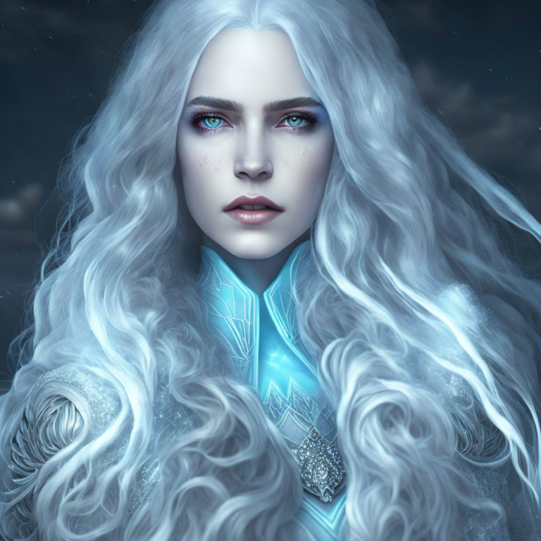 Digital portrait of woman with pale skin, blue eyes, white hair, and intricate blue outfit