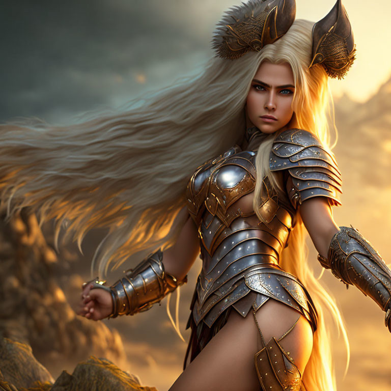 Blonde warrior woman in silver armor with horned helm under golden-lit sky