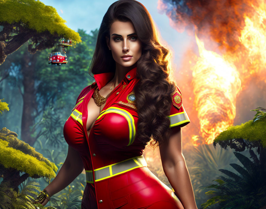 Dark-haired woman in red firefighter uniform with surreal forest fire backdrop