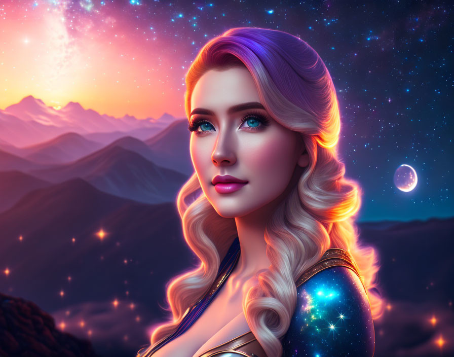 Colorful hair woman portrait against cosmic backdrop with moon