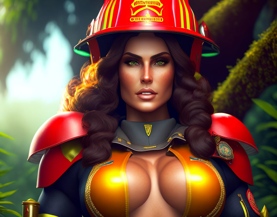 Digital portrait of woman with voluminous hair in firefighter attire against green background