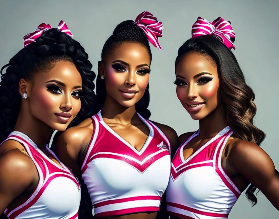 Three cheerleaders in matching uniforms and bows on grey background.