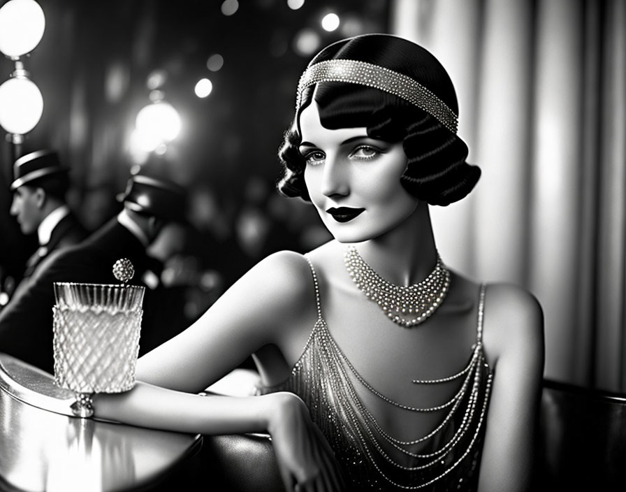 Vintage 1920s woman in glamorous attire at bar with crystal glass