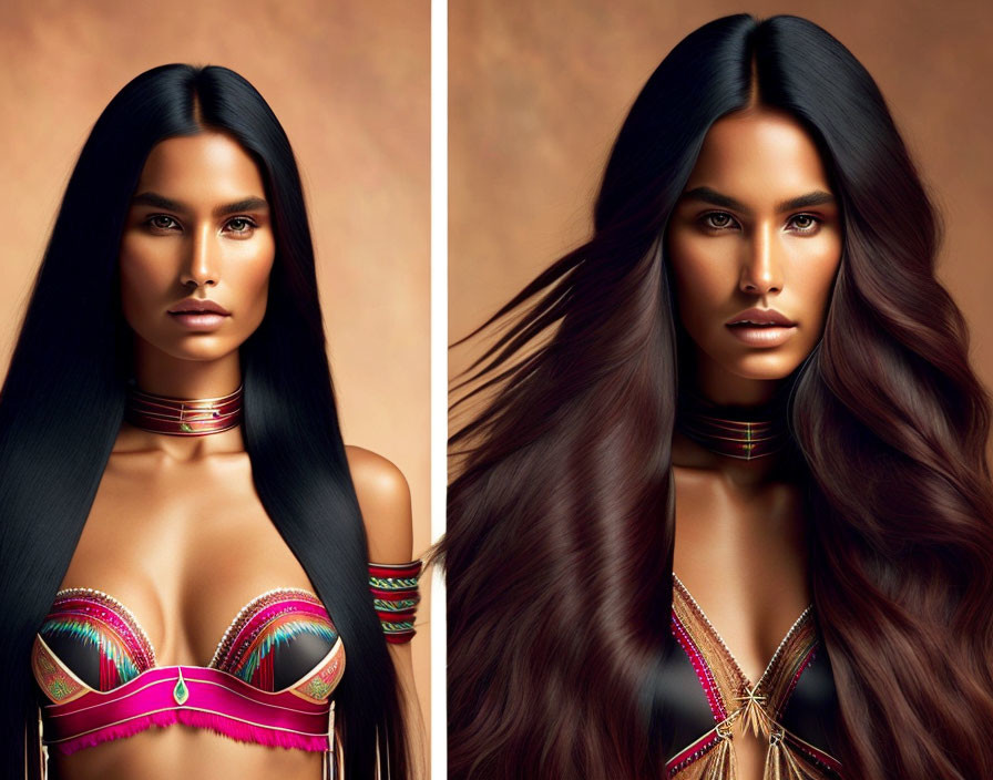 Illustrated woman with sleek brunette hair, colorful beaded jewelry, and vibrant strapless top.