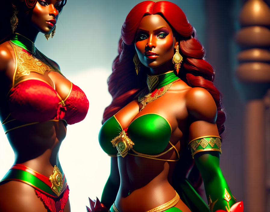 Stylized female warrior characters in red and green fantasy armor standing together