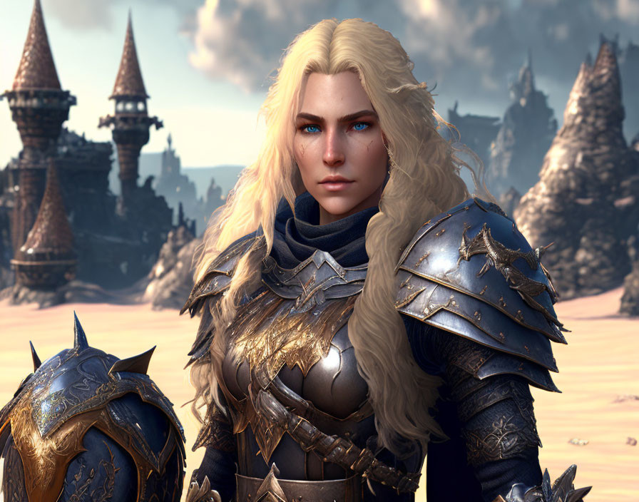 Blonde Female Knight in Silver Armor on Fantasy Landscape