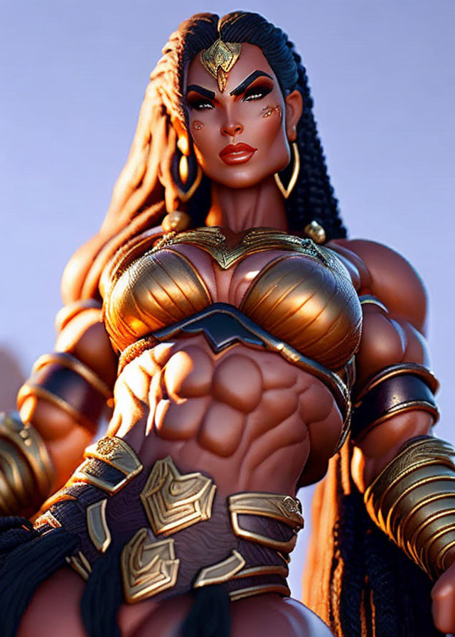 Muscular warrior woman with braided hair and gold armor.