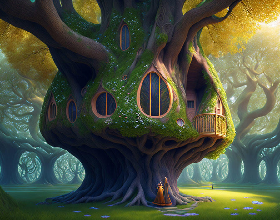 Enchanted forest scene with whimsical treehouse and figure in cloak