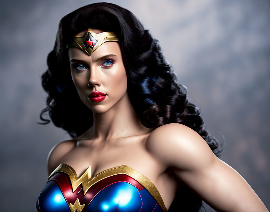 Portrait of woman in Wonder Woman costume with blue eyes and red lips