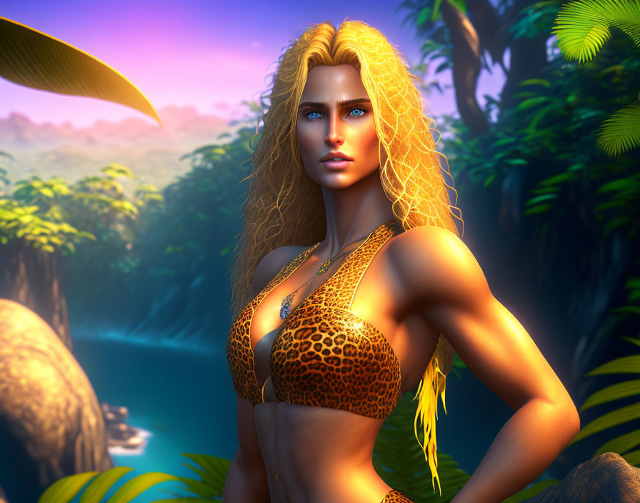 Blonde Curly-Haired Woman in Leopard Print Bikini in Jungle Setting