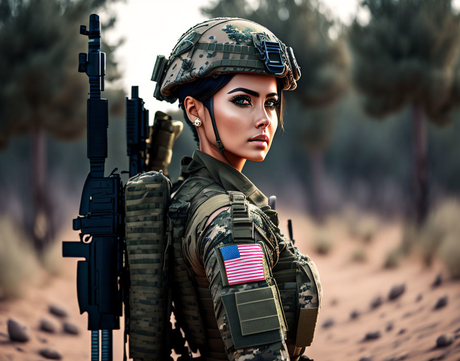 Female Soldier in Full Tactical Gear Standing in Desert Environment