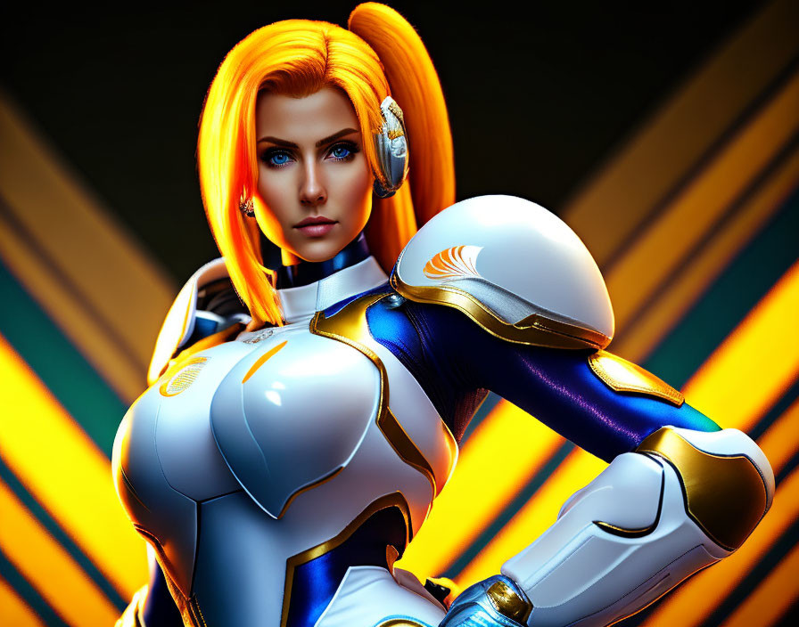 Female Character with Orange Hair in Futuristic Armor on Striped Background